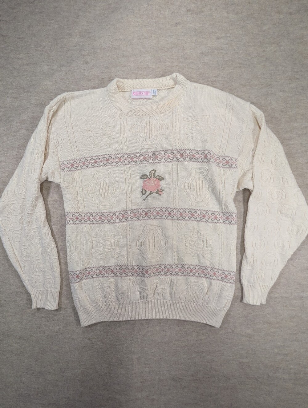 Vintage Cream Textured Knit Sweater Pink Rose Embroidery Grandma Chic Size Large